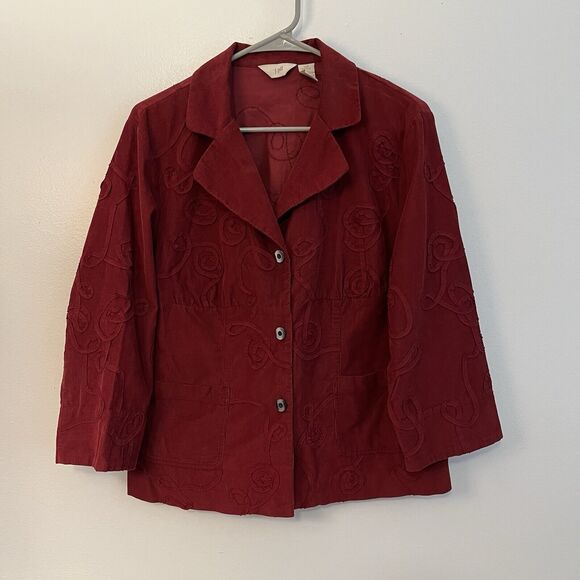 J Jill Women’s 10P Red Burgundy Corduroy Embroidered Jacket Blazer Button Front - Picture 1 of 9